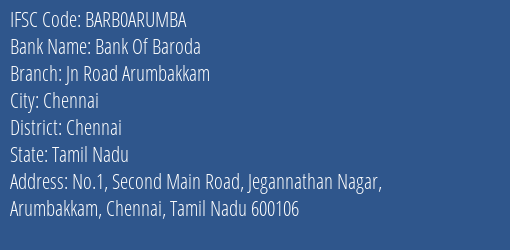 Bank Of Baroda Jn Road Arumbakkam Branch, Branch Code ARUMBA & IFSC Code Barb0arumba