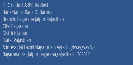 Bank Of Baroda Bagarana Jaipur Rajasthan Branch Jaipur IFSC Code BARB0BAGRAN