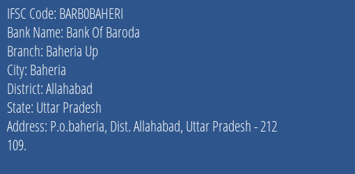 Bank Of Baroda Baheria Up Branch, Branch Code BAHERI & IFSC Code Barb0baheri