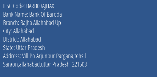 Bank Of Baroda Bajha Allahabad Up Branch, Branch Code BAJHAX & IFSC Code Barb0bajhax