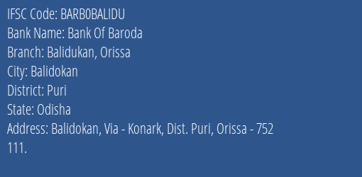 Bank Of Baroda Balidukan Orissa Branch, Branch Code BALIDU & IFSC Code Barb0balidu