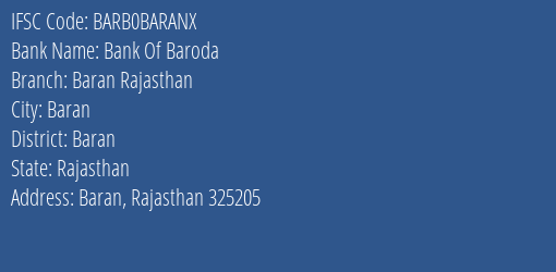 Bank Of Baroda Baran Rajasthan Branch Baran IFSC Code BARB0BARANX