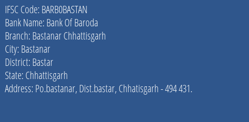 Bank Of Baroda Bastanar Chhattisgarh Branch, Branch Code BASTAN & IFSC Code BARB0BASTAN