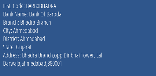 Bank Of Baroda Bhadra Branch Branch, Branch Code BHADRA & IFSC Code Barb0bhadra