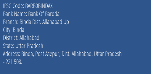 Bank Of Baroda Binda Dist. Allahabad Up Branch Allahabad IFSC Code BARB0BINDAX