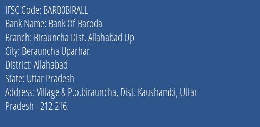 Bank Of Baroda Birauncha Dist. Allahabad Up Branch, Branch Code BIRALL & IFSC Code Barb0birall