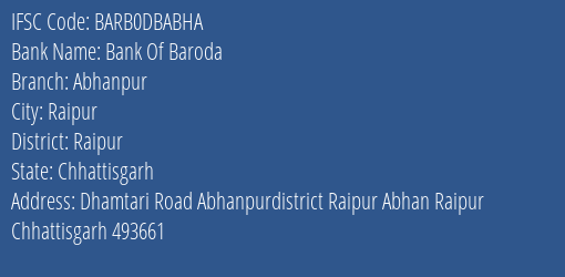 Bank Of Baroda Abhanpur Branch Raipur IFSC Code BARB0DBABHA