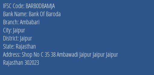 Bank Of Baroda Ambabari Branch Jaipur IFSC Code BARB0DBAMJA