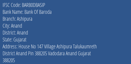 Bank Of Baroda Ashipura Branch, Branch Code DBASIP & IFSC Code Barb0dbasip
