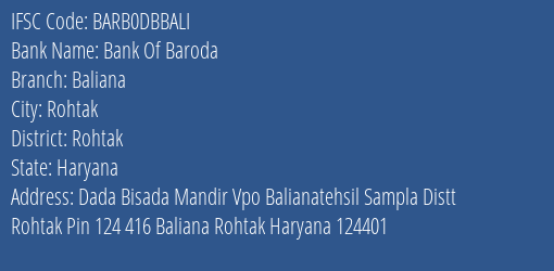 Bank Of Baroda Baliana Branch Rohtak IFSC Code BARB0DBBALI