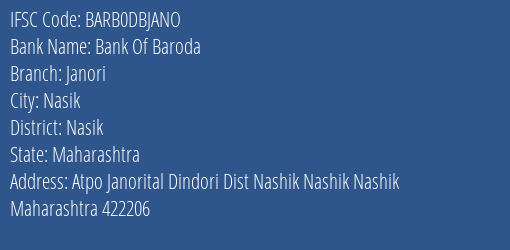 Bank Of Baroda Janori Branch, Branch Code DBJANO & IFSC Code Barb0dbjano