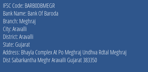 Bank Of Baroda Meghraj Branch, Branch Code DBMEGR & IFSC Code Barb0dbmegr