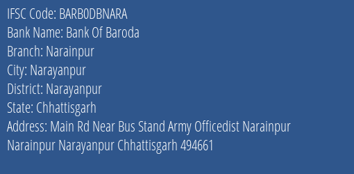 Bank Of Baroda Narainpur Branch, Branch Code DBNARA & IFSC Code Barb0dbnara
