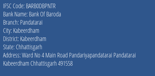 Bank Of Baroda Pandatarai Branch, Branch Code DBPNTR & IFSC Code Barb0dbpntr