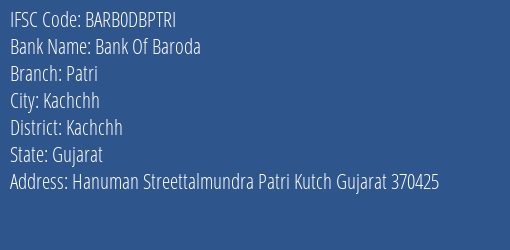 Bank Of Baroda Patri Branch, Branch Code DBPTRI & IFSC Code Barb0dbptri