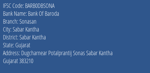 Bank Of Baroda Sonasan Branch, Branch Code DBSONA & IFSC Code Barb0dbsona