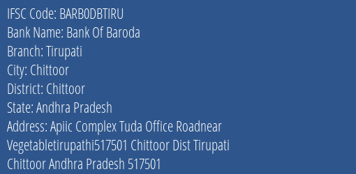 Bank Of Baroda Tirupati Branch Chittoor IFSC Code BARB0DBTIRU