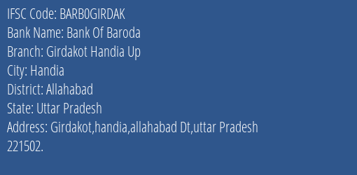 Bank Of Baroda Girdakot Handia Up Branch, Branch Code GIRDAK & IFSC Code Barb0girdak