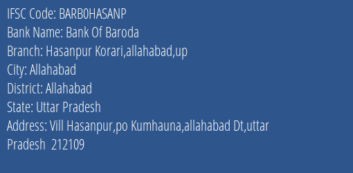 Bank Of Baroda Hasanpur Korari Allahabad Up Branch, Branch Code HASANP & IFSC Code Barb0hasanp