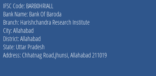 Bank Of Baroda Harishchandra Research Institute Branch, Branch Code HRIALL & IFSC Code Barb0hriall