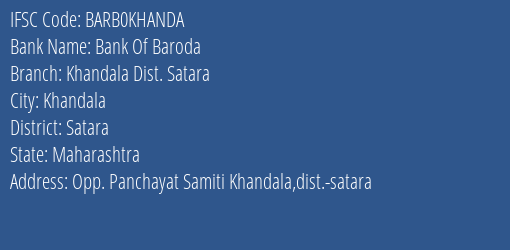 Bank Of Baroda Khandala Dist. Satara Branch, Branch Code KHANDA & IFSC Code Barb0khanda