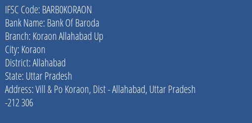 Bank Of Baroda Koraon Allahabad Up Branch, Branch Code KORAON & IFSC Code Barb0koraon