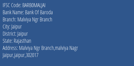 Bank Of Baroda Malviya Ngr Branch Branch Jaipur IFSC Code BARB0MALJAI