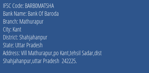 Bank Of Baroda Mathurapur Branch, Branch Code MATSHA & IFSC Code Barb0matsha