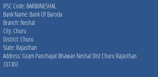 Bank Of Baroda Neshal Branch Churu IFSC Code BARB0NESHAL