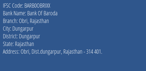 Bank Of Baroda Obri Rajasthan Branch Dungarpur IFSC Code BARB0OBRIXX