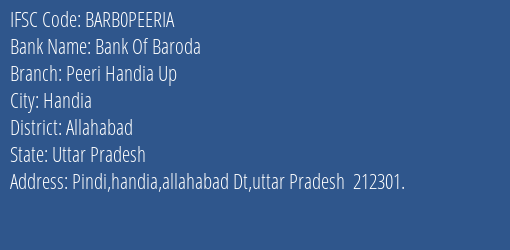 Bank Of Baroda Peeri Handia Up Branch, Branch Code PEERIA & IFSC Code Barb0peeria