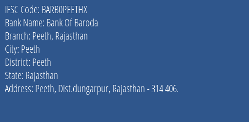 Bank Of Baroda Peeth Rajasthan Branch Peeth IFSC Code BARB0PEETHX