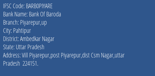 Bank Of Baroda Piyarepur Up Branch, Branch Code PIYARE & IFSC Code Barb0piyare