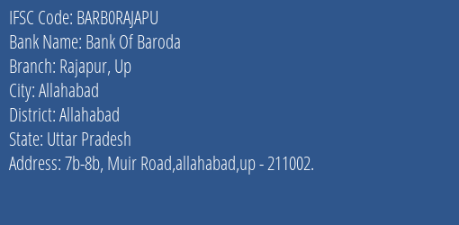 Bank Of Baroda Rajapur Up Branch, Branch Code RAJAPU & IFSC Code Barb0rajapu