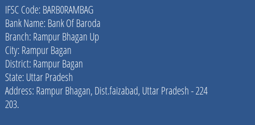 Bank Of Baroda Rampur Bhagan Up Branch, Branch Code RAMBAG & IFSC Code Barb0rambag