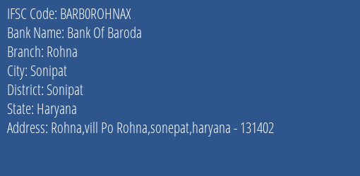Bank Of Baroda Rohna Branch Sonipat IFSC Code BARB0ROHNAX