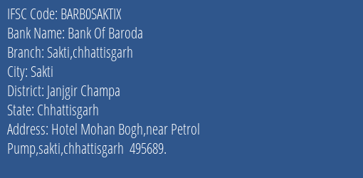 Bank Of Baroda Sakti Chhattisgarh Branch, Branch Code SAKTIX & IFSC Code Barb0saktix