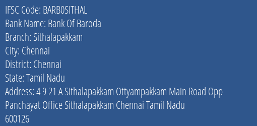 Bank Of Baroda Sithalapakkam Branch, Branch Code SITHAL & IFSC Code Barb0sithal