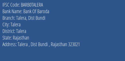 Bank Of Baroda Talera Dist Bundi Branch Talera IFSC Code BARB0TALERA