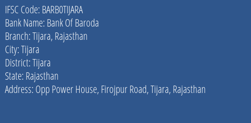 Bank Of Baroda Tijara Rajasthan Branch Tijara IFSC Code BARB0TIJARA