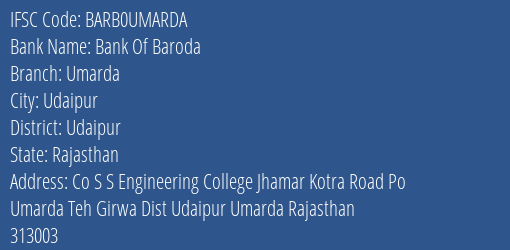 Bank Of Baroda Umarda Branch Udaipur IFSC Code BARB0UMARDA