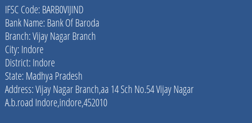 Bank Of Baroda Vijay Nagar Branch Branch Indore IFSC Code BARB0VIJIND