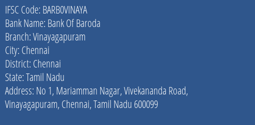 Bank Of Baroda Vinayagapuram Branch, Branch Code VINAYA & IFSC Code Barb0vinaya