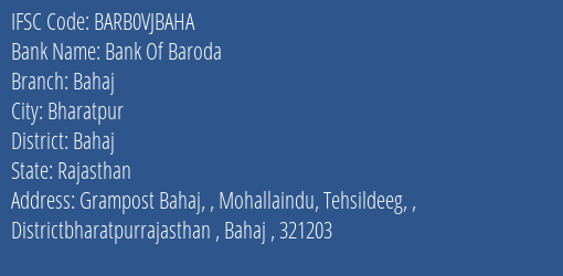 Bank Of Baroda Bahaj Branch Bahaj IFSC Code BARB0VJBAHA