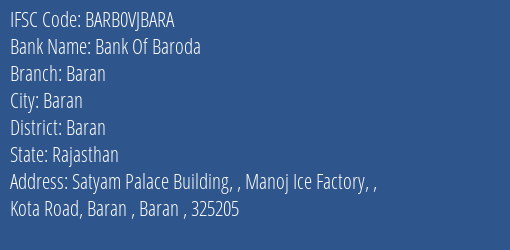 Bank Of Baroda Baran Branch Baran IFSC Code BARB0VJBARA