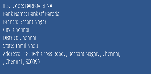 Bank Of Baroda Besant Nagar Branch Chennai IFSC Code BARB0VJBENA