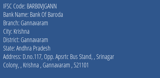 Bank Of Baroda Gannavaram Branch Gannavaram IFSC Code BARB0VJGANN