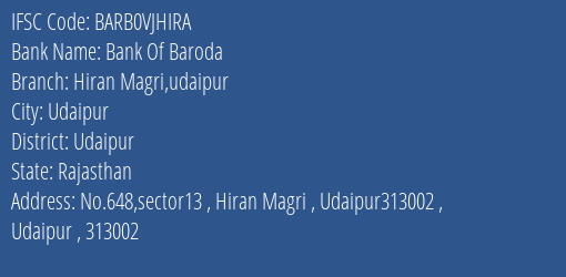 Bank Of Baroda Hiran Magri Udaipur Branch Udaipur IFSC Code BARB0VJHIRA