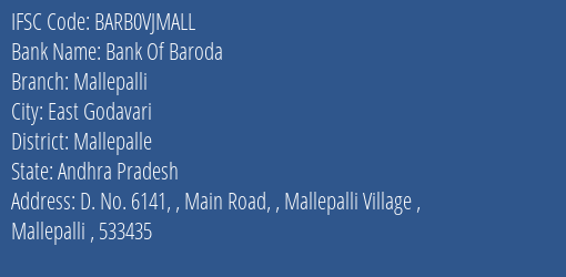 Bank Of Baroda Mallepalli Branch Mallepalle IFSC Code BARB0VJMALL