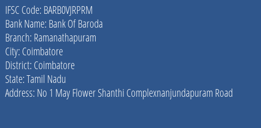 Bank Of Baroda Ramanathapuram Branch, Branch Code VJRPRM & IFSC Code Barb0vjrprm